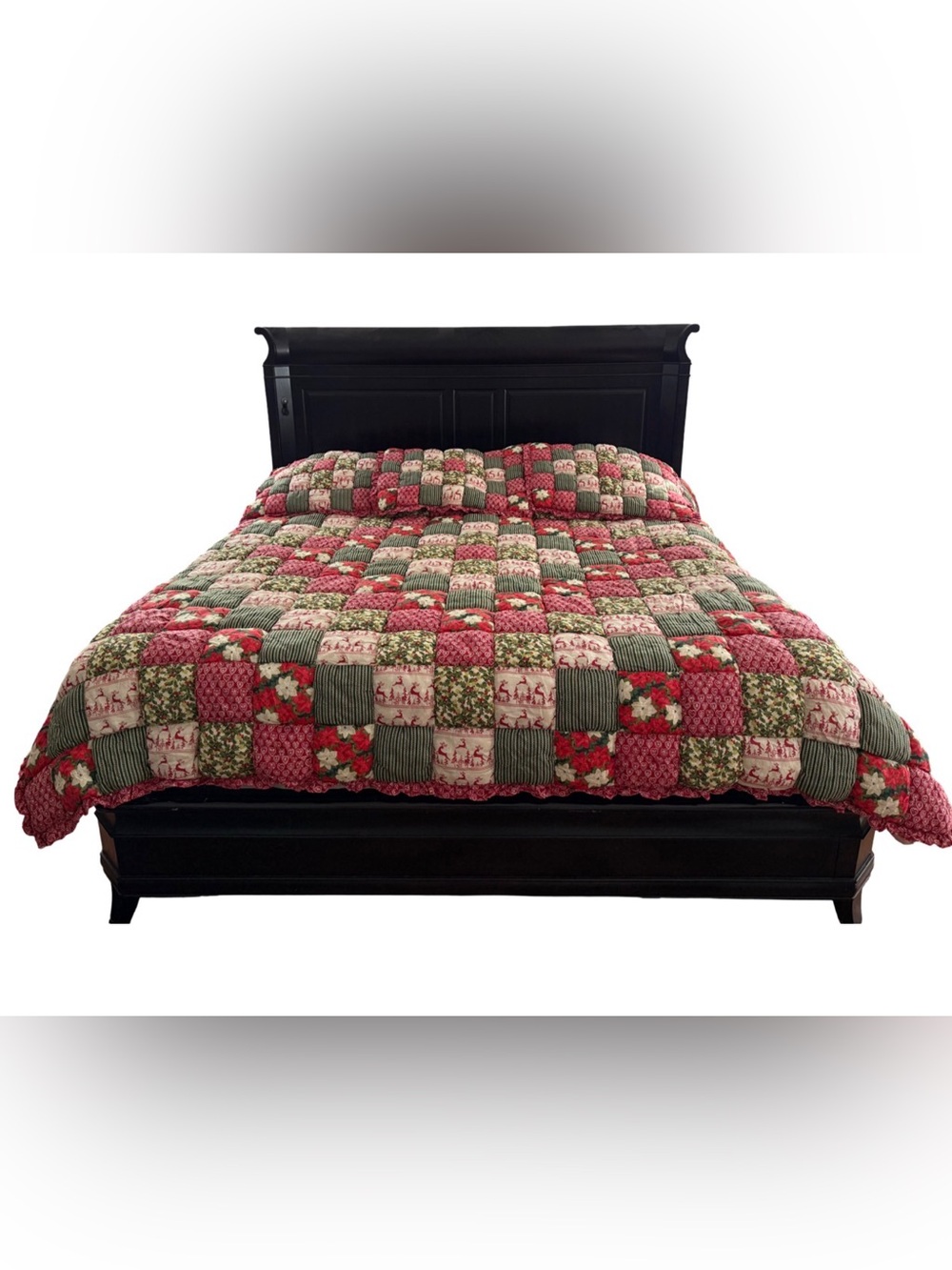 Holiday Christmas Patchwork Puff Oversized Quilt Cottage Farmhouse Red Green